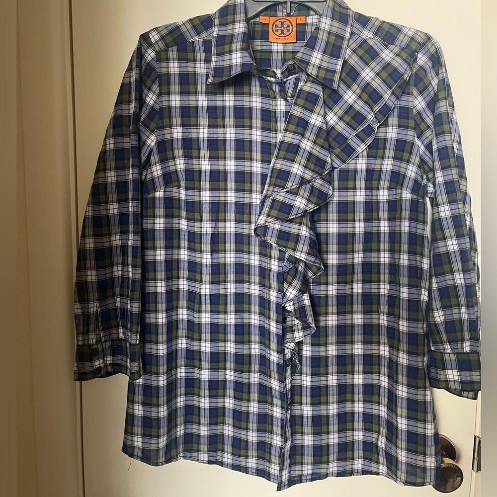 Tory Burch ruffle front button down plaid Shirt 19 PTPX25